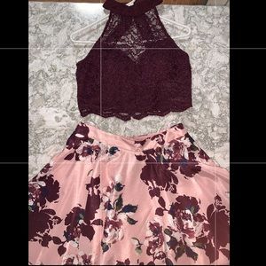HOMECOMING TWO - PIECE BURGUNDY/PINK FLORAL DRESS